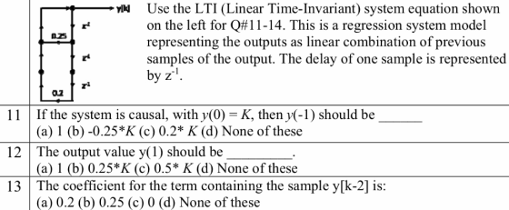 Use the LTI (Linear Time-Invariant) system equation shown on the left for Q#1 1-14. This is a regression system model represe