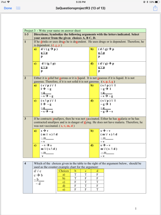 iPad 5:25 PM 59%L 3aQuestionsprojectR3 (13 of 13) Done Project 3 Write your name on answer sheet 1-3 Directions; Symbolize th