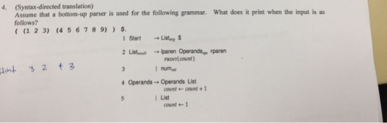 4. (Syntax-directed translation) Assume that a bottom-up parser is used for the following grammar. follows? (1 2 3) (4 5 678