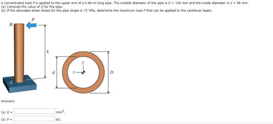 A concentrated load P is applied to the upper end of a 0.86-m-long pipe. The outside diameter of the pipe is D-106 mm and the