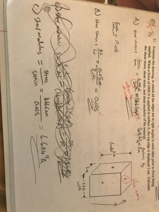 21. Examine the drawing, in which all the edges are at right angles to each other prior to force being Sapplied. When a force