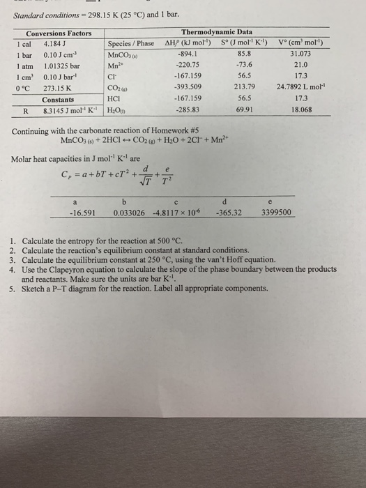 Standard conditions 298.15 K (25 °C) and 1 bar. Thermodynamic Data Conversions Factors I cal 4.184 J 1 bar 0.10 J cm 1 atm 1.