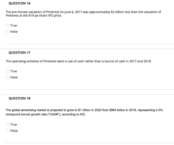QUESTION 16 The pre-money valuation of Pinterest on June 6, 2017 was approximately $2 billion less than the valuation of Pint