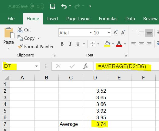 AutoSave File Home Insert Page Layout Formulas Data Review Cut 10 A A Arial Paste Format Painter Clipboard Font Jx FAVERAGE(D