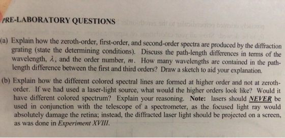PRE-LABORATORY QUESTIONS he zeroth-order, first-order, and second-order spectra a grating (state the determining conditions).