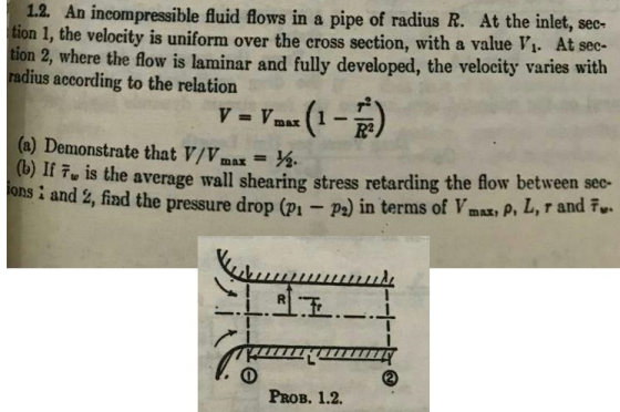 1.2. An incompresible fuid fows in a pipe of radius R. At the inlet, sec- tion 1, the velocity is uniform over the tion 2, wh