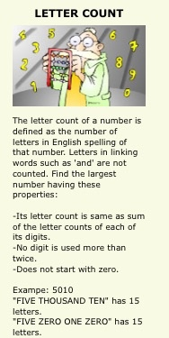 LETTER COUNT The letter count of a number is defined as the number of letters in English spelling of that number. Letters in