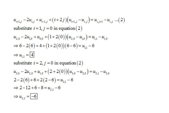 substitute i = Lj = 0 in equation (2) u 2u +1+2(0- 2.0 substitute i-2, j-0 In equation (2) 2,1 2.0 2-2(6)+6+2(2-6)=1121-6 → 2