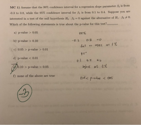 MC 1) Assume that the 99% confidence interval for a regression slope parameter β2 is from -0.3 to 0.8, while the 95% confiden