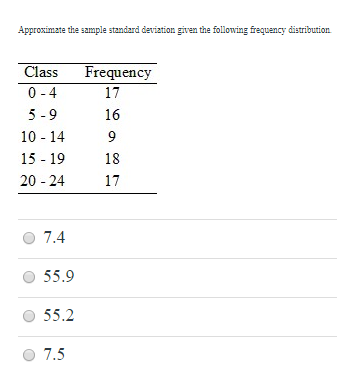 Approximate the sample standard deviation given the following frequency distribution. Class Frequency 0 4 17 5 9 16 10 14 15