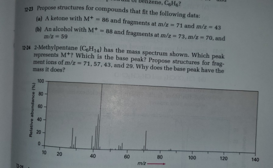 zene, C6H6? 12-23 Propose structures for compounds that fit the following data: al A ketone with M+ 86 and fragments at m/z 7