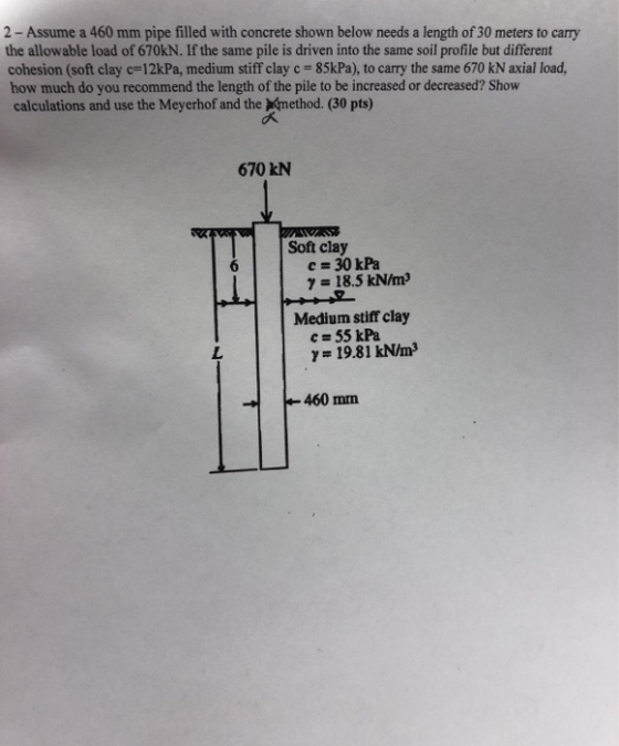2- Assume a 460 mm pipe filled with concrete shown below needs a length of 30 meters to carry the allowable load of 670kN. If