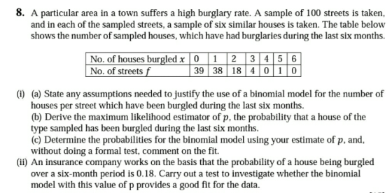 8. A particular area in a town suffers a high burglary rate. A sample of 100 streets is taken and in each of the sampled stre