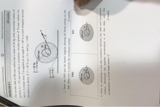 The circular disk of 200-mm radis has a mass of 25 kg with centroidal radius of gration k = 175 mm and has a cocentric circul