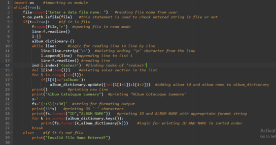 1 import os #importing os module 2 while (True): file-input (Enter a data file name : ) #reading file name from user t os.p