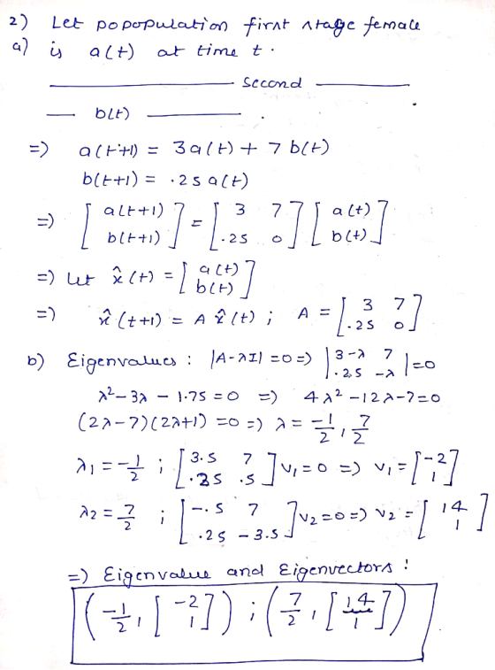 2) Let po population firat atac fema Ce a at tima t (7 Sccond blと) 3a 7 b(+ altナ) b(t+ 2 s a (t) alt) 3 a (t) -) bttti) .2S )