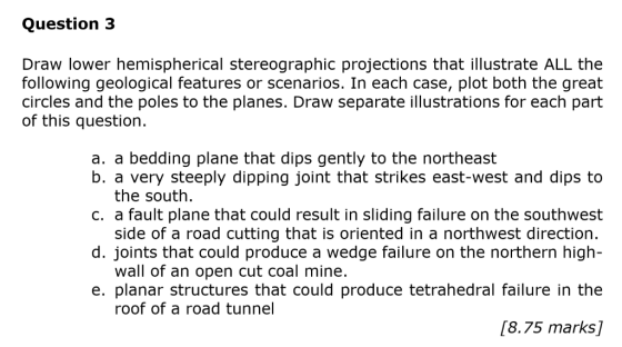 Question 3 Draw lower hemispherical stereographic projections that illustrate ALL the following geological features or scenar