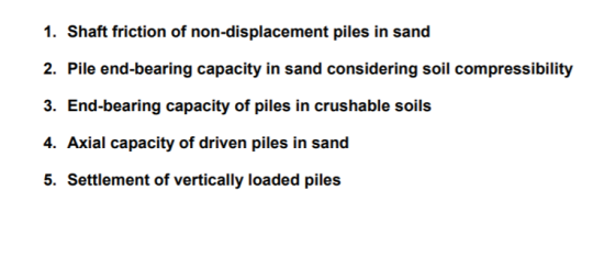 1. Shaft friction of non-displacement piles in sand 2. Pile end-bearing capacity in sand considering soil compressibility 3.
