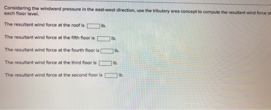 Considering the windward pressure in the east-west direction, use the tributary each floor level. area concept to compute the