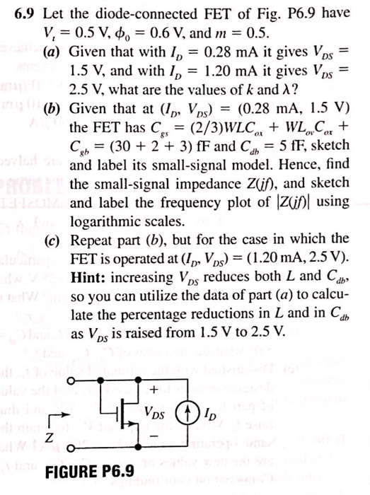 6.9 Let the diode-connected FET of Fig. P6.9 have V, 0.5 V, φ,-0.6 V, and m 0.5. (a) Given that with ID- 0.28 mA it gives VDs
