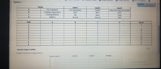 ta cleany Question 1 10 points Save Asswer Level 1 Level 2 Lavel 3 Pre-Treatment HCL Two Levels are Chosen Trea rature 190°C