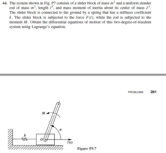 44. The system shown in Fig. P7 consists of a slider block of mass m2 and a uniform slender rod of mass m3, length 13, and ma