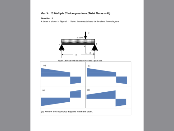 Part l: 10 Multiple Choice questions (Total Marks = 40) Question I.1 A beam is shown in Figure I.1. Select the correct shape