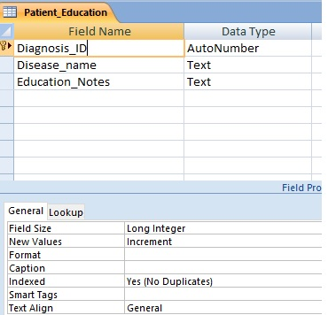 Patient_Education Field Name Data Type Diagnosis_ID AutoNumber Disease_name Тext Education_Notes Тext Field Pro General Looku