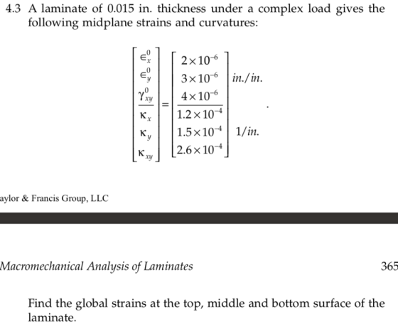 4.3 A laminate of 0.015 in. thickness under a complex load gives the following midplane strains and curvatures: 2x10-6 4x10-6