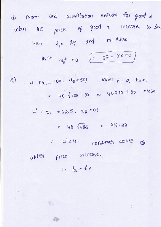 effect for god and subaitution inome when to y increay e Ine price and $y 1-e 5 en SE= TEEO when P a Pa- C 100 250) 450 40x 1