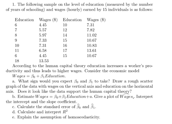 1. The following sample on the level of education (measured by the number of years of schooling) and wages (hourly) earned by