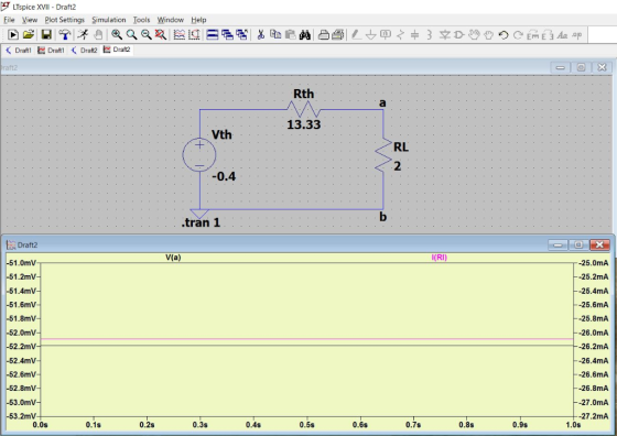 LTspice XVII - Draft2 File View Plot Settings Simulation Tools Window Help Draft22 raft2 Rth 13.33 Vth RL 2 0.4 .tran 1 V(a)