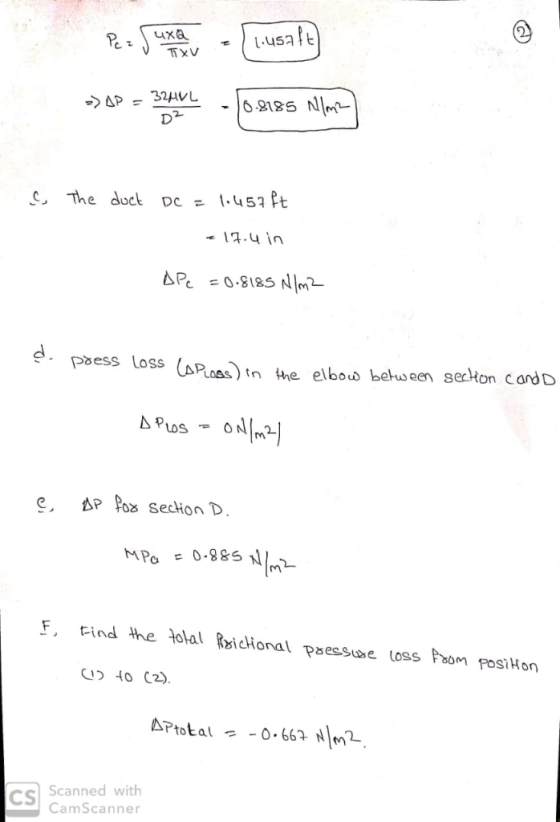R-Suxav -Ί1.usa!t) TXV The duct Dc 45 1.4n = o.gl85N1,L 亼Pe Pess Loss aas)n he elbouo beseen seckon C ardD F, Find he olal Ri
