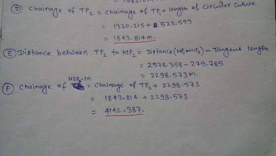 chainage of TP chainage ef TR+ legth af circalar Curse 1320.215+ a 523.599 1843. 814 m. = Distance behoeen TP to HP,= Distanc