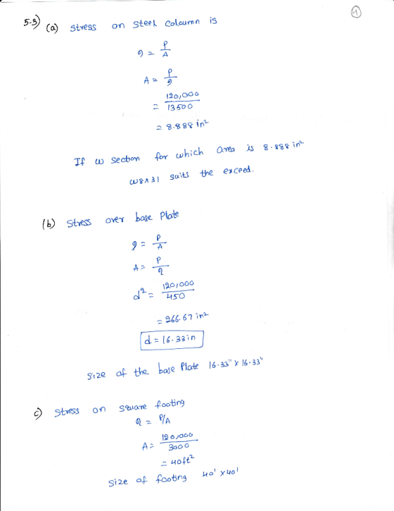 5-9 5.3 Co) Stress on stee Coleumn is 오 12o,ooo 2 1350 8.888 in Tp ω secton for which area s 849e in RA3 Suits the eceed. (b)