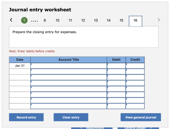 Journal entry worksheet 12 16 1 10 11 14 15 Prepare the closing entry for expenses. Note: Enter debits before credits Date Ac