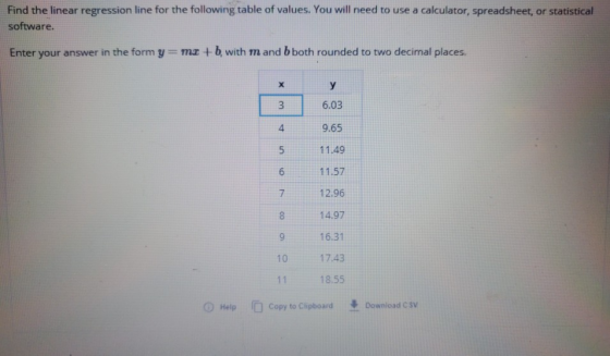 Find the linear regression line for the following table of values. You will need to use a calculator, spreadsheet, or statist
