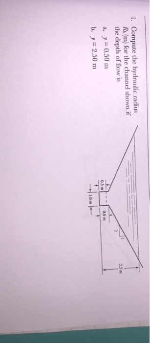 I. Compute the hydraulic radius Re (m) for the channel shown if the depth of flow is a. y-0.50 m b. y 2.50 nm 2.5 m 0.6 m 0.5