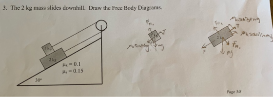 3. The 2 kg mass slides downhill. Draw the Free Body Diagrams. FRi T PLSIAD() 2 kg I kg 2 kg 4k=0.1 s0.15 30° Page 5/8