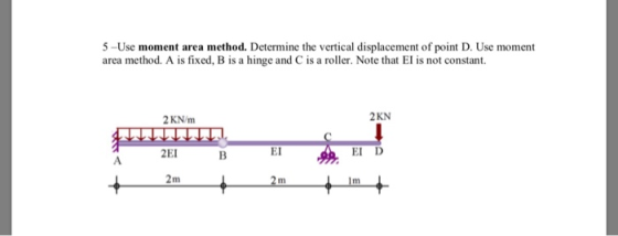 5-Use moment area method. Determine the vertical displacement of point D. Use moment area method. A is fixed, B is a hinge an