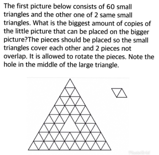 The first picture below consists of 60 small triangles and the other one of 2 same small triangles. What is the biggest amoun
