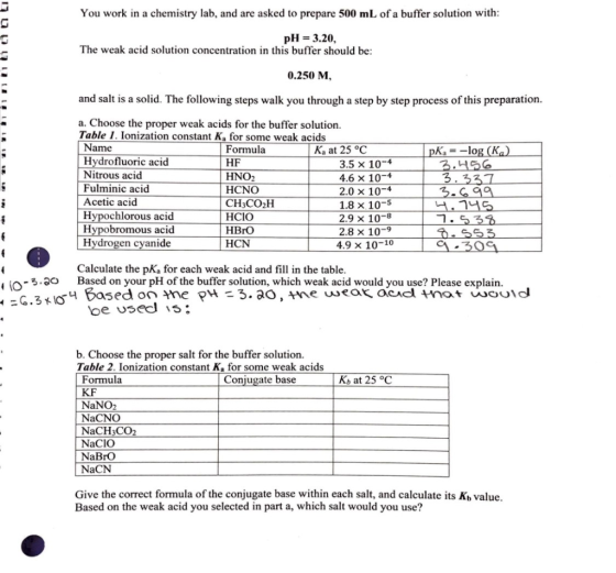 You work in a chemistry lab, and are asked to prepare 500 mL of a buffer solution with pH-3.20, The weak acid solution concen