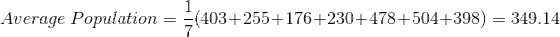 Average \ Population = \frac{1}{7}(403 + 255 + 176 + 230 + 478 + 504 + 398) = 349.14