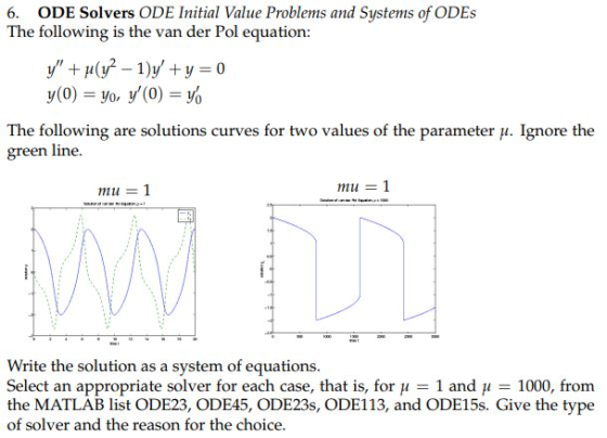 6. ODE Solvers ODE Initial Value Problems and Systems of ODEs The following is the van der Pol equation: y(0) = yo, y,(0) =Yo