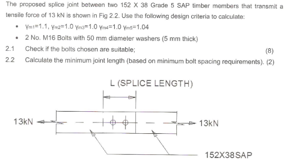 The proposed splice joint between two 152 X 38 Grade 5 SAP timber members that transmit a tensile force of 13 kN is shown in