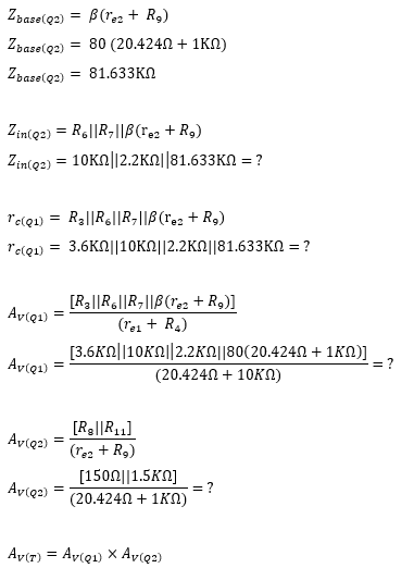 base(Q2)= β(re2 + R9) Zbase(Q2) 80 (20.4240+ 1 KN) base(q2) = 81.633ΚΩ Avio) (20.424Ω + 10KN) [15011.5K2] Ay(Q2)-(20.4241+ 1K