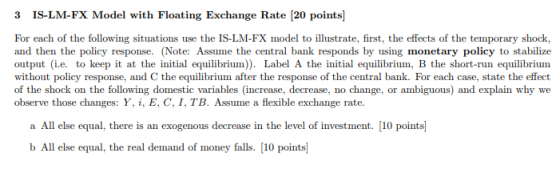 IS-LM-FX Model with Floating Exchange Rate [20 points 3 For each of the following situations use the IS-LM-FX model to illust