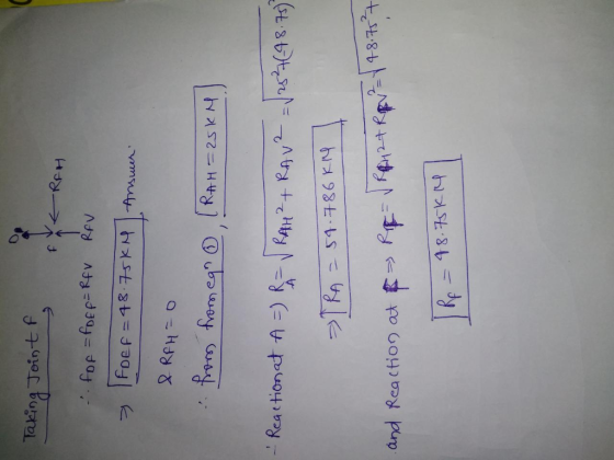 laking Joint f VREH ReV Foe f 48.7sK Aur fom fremean H 2 Reattionat A-) R=RAHRAV 2(487) 54.786 KN and Reaction at P 2 RA he-