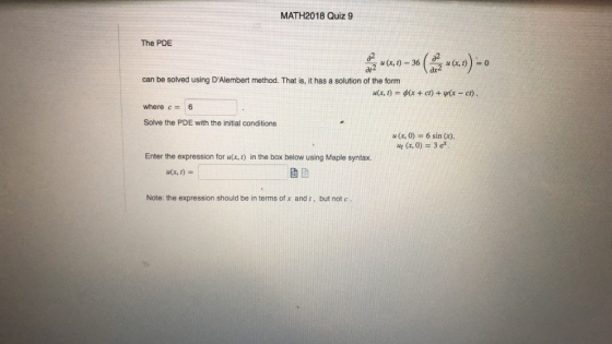 MATH2018 Quiz The PDE ar2 can be solved using DAlembert method. That is, it has a solution of the form u(x, t) = φ(x + ct) +