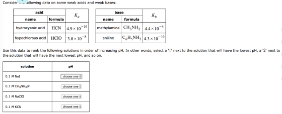 .ollowing data on some weak acids and weak bases Consider acid base К, Ка formula formula name name 10 4.9 x 10 methylamine C